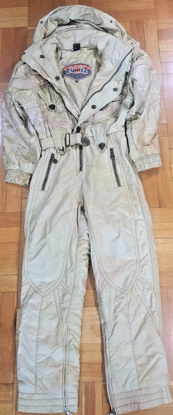 Emmegi One Piece Ski Suit Women's Size US 4 EU 36 Beige Belted Hooded Snowsuit